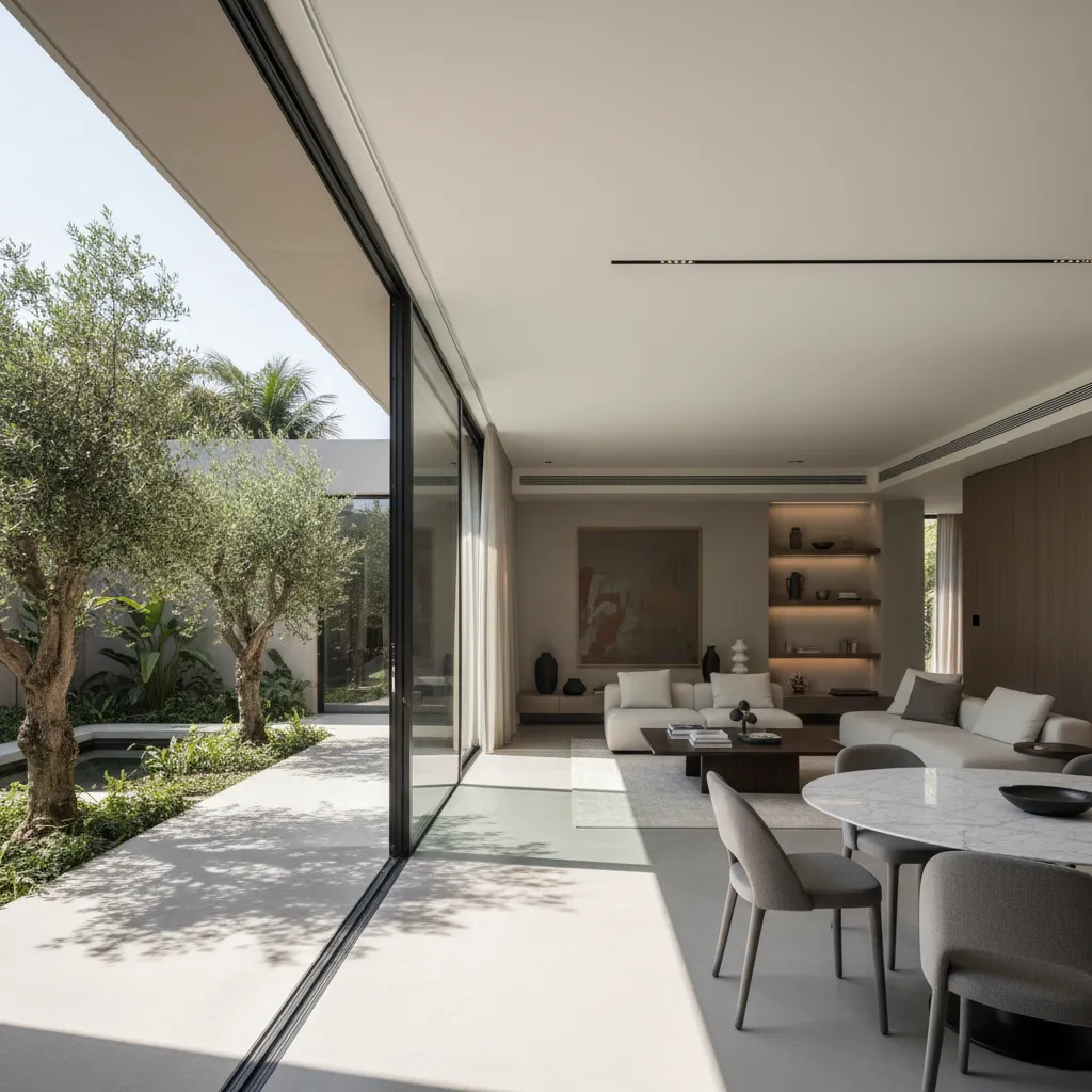 Modern open concept living room with glass walls opening to a patio, illustrating seamless modern house floor plans for stylish living.