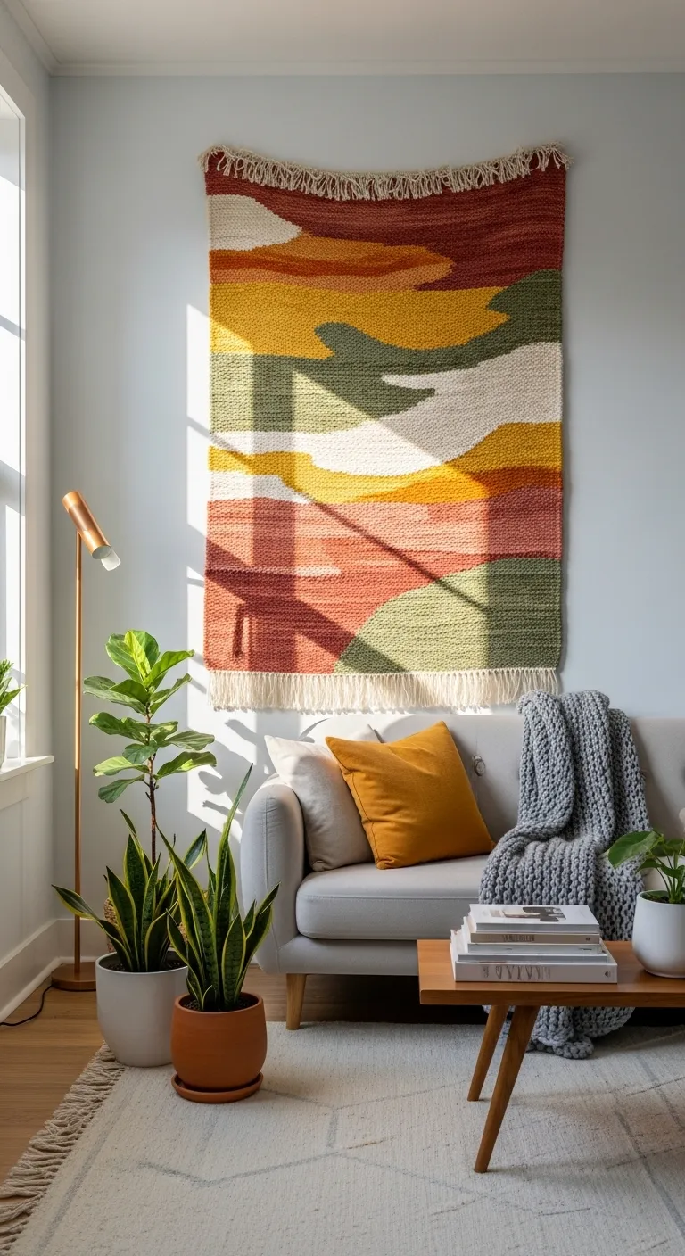A large, textured decorative tapestry with an abstract design in neutral colors hanging on the wall of a brightly lit, modern living room.