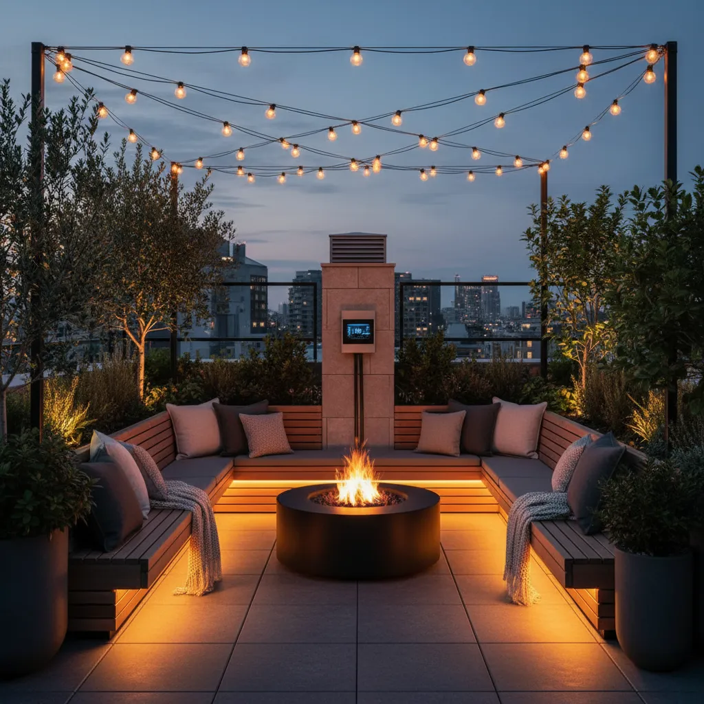Cozy rooftop lounge with warm app controlled LED lighting