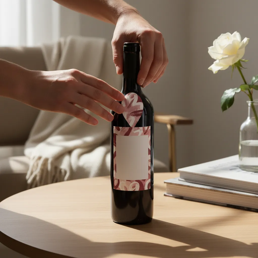 Applying Custom Wine Labels Hands smoothing a custom label onto a wine bottle without bubbles