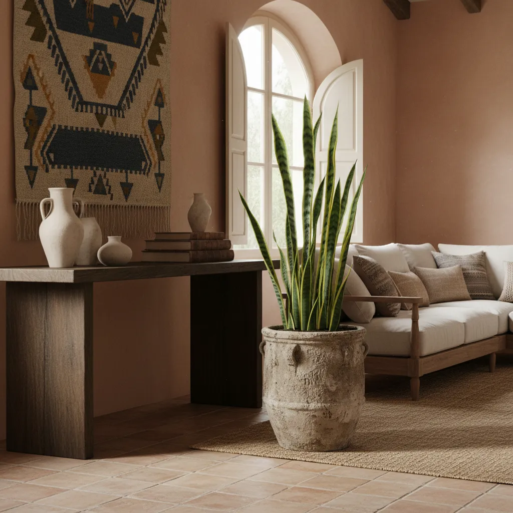 Snake plant in a stone planter near a dark wood console table