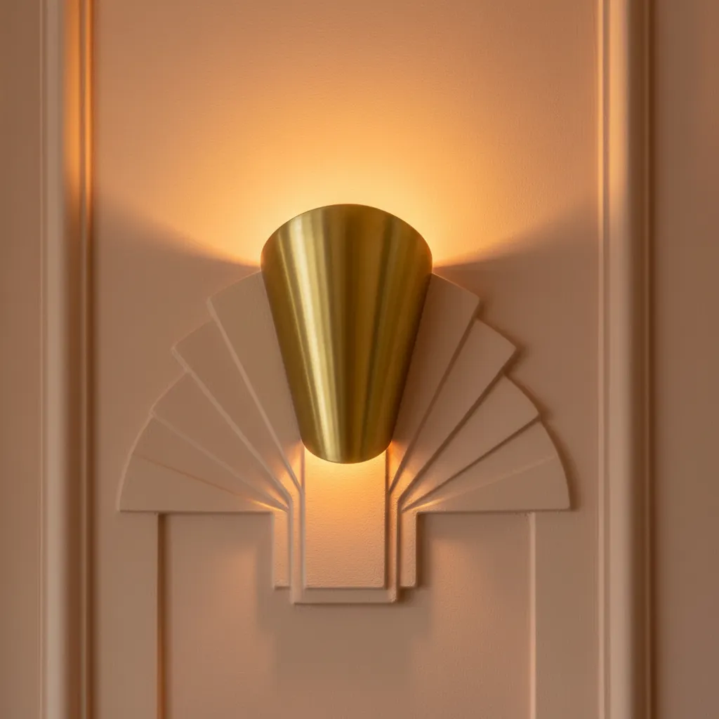 Close-up of brass sconce on peach wall