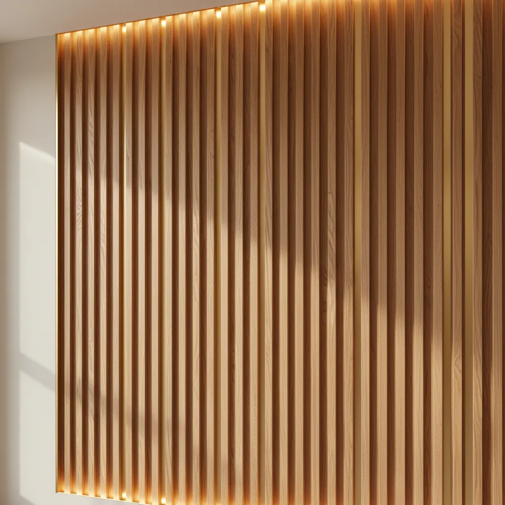Close-up of fluted oak panels with gold accents for interior wall decor