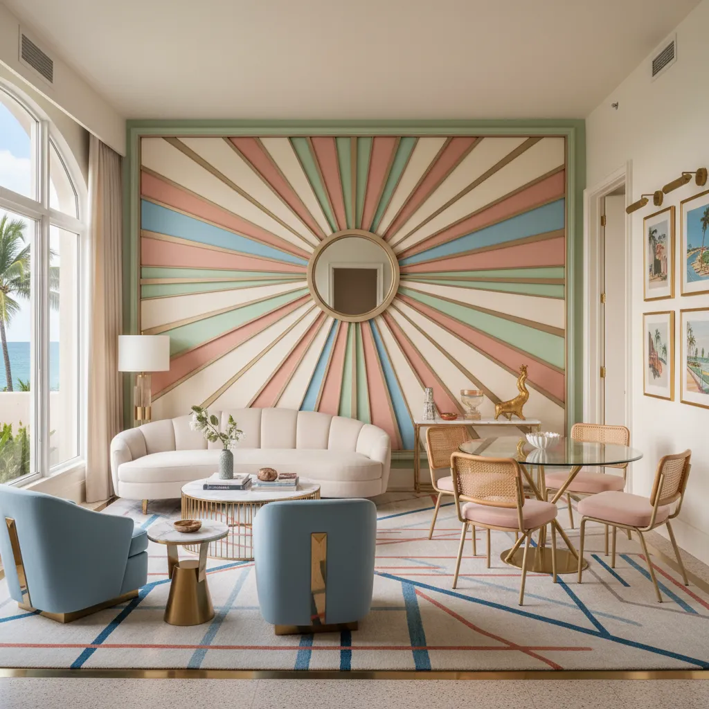 Small living and dining area with a symmetrical sunburst wall panel