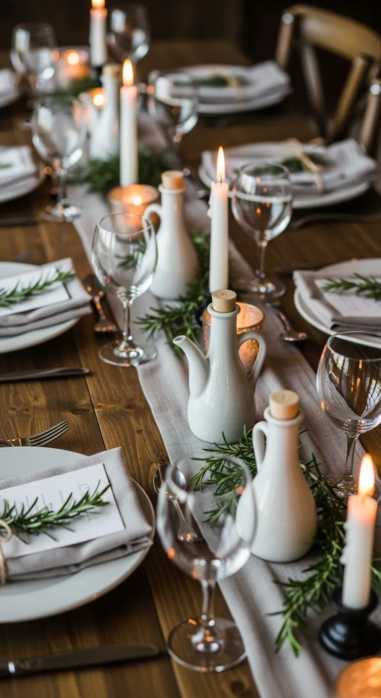 Ceramic olive oil cruets on rustic wooden table with rosemary accents for mediterranean wedding favors