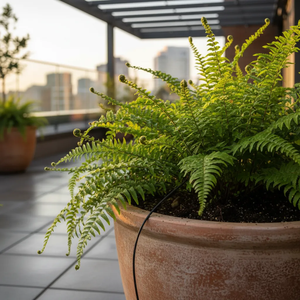Close up of drip irrigation line in a modern rooftop planter