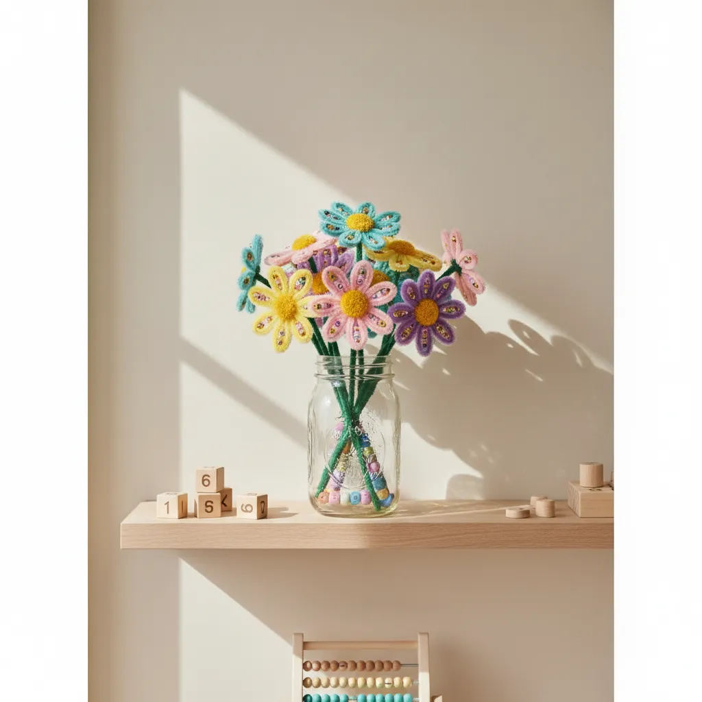 Colorful beaded pipe cleaner flowers displayed in a clear jar on a wooden shelf