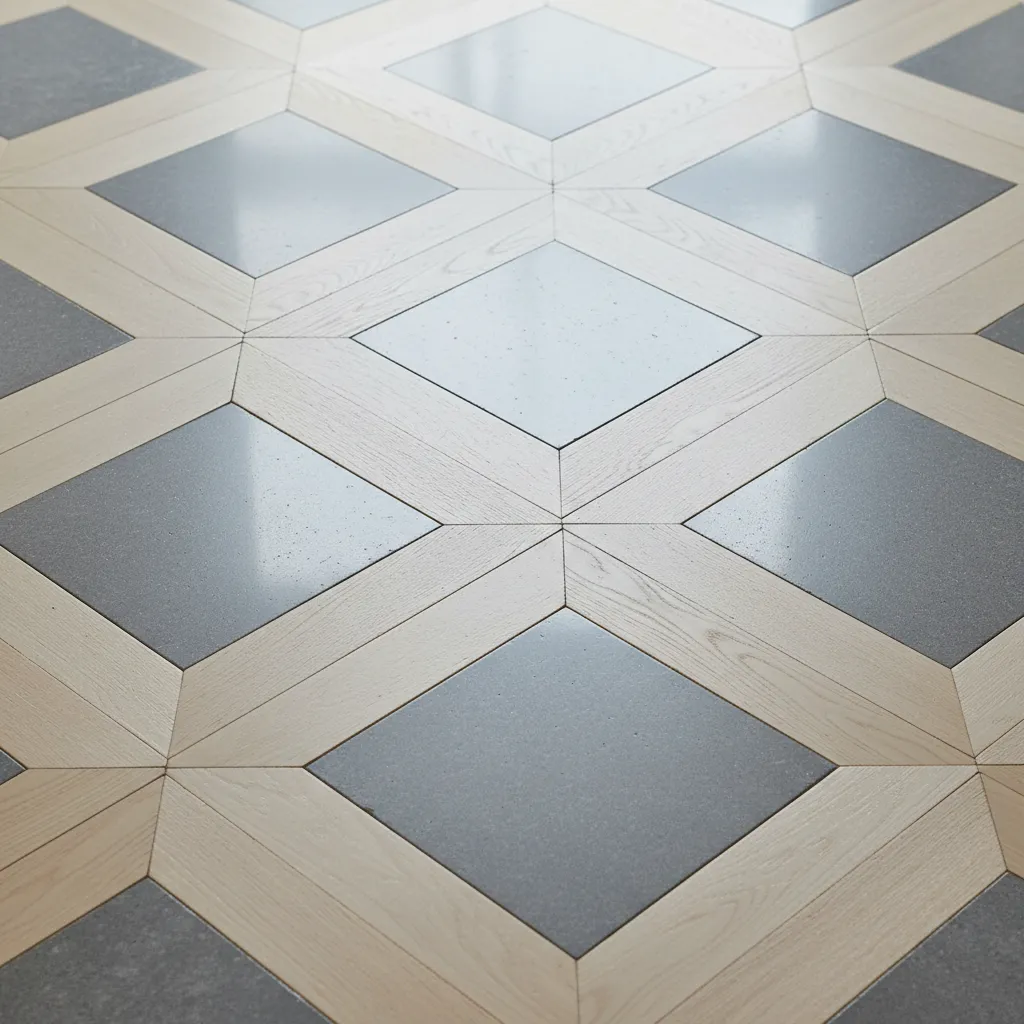 Birch Wood and Stone Texture Contrast Close-up of light wood and gray stone textures in a floor design.