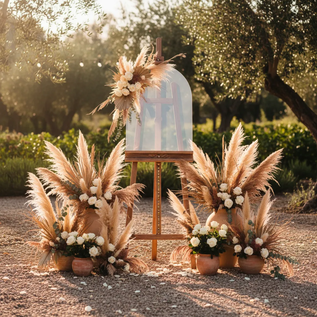 Frosted acrylic graduation welcome sign on a wooden easel decorated with dried pampas grass and terracotta accents