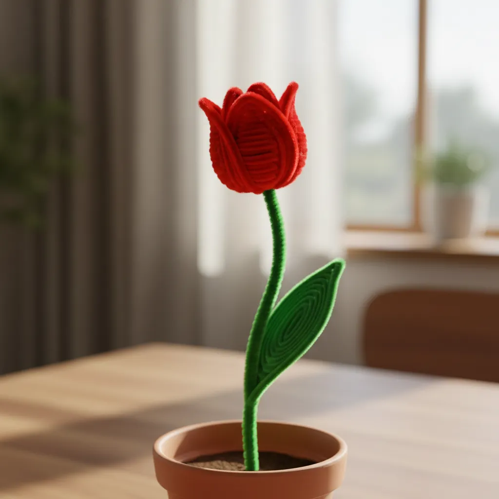 A handmade pipe cleaner tulip showing clear botanical parts