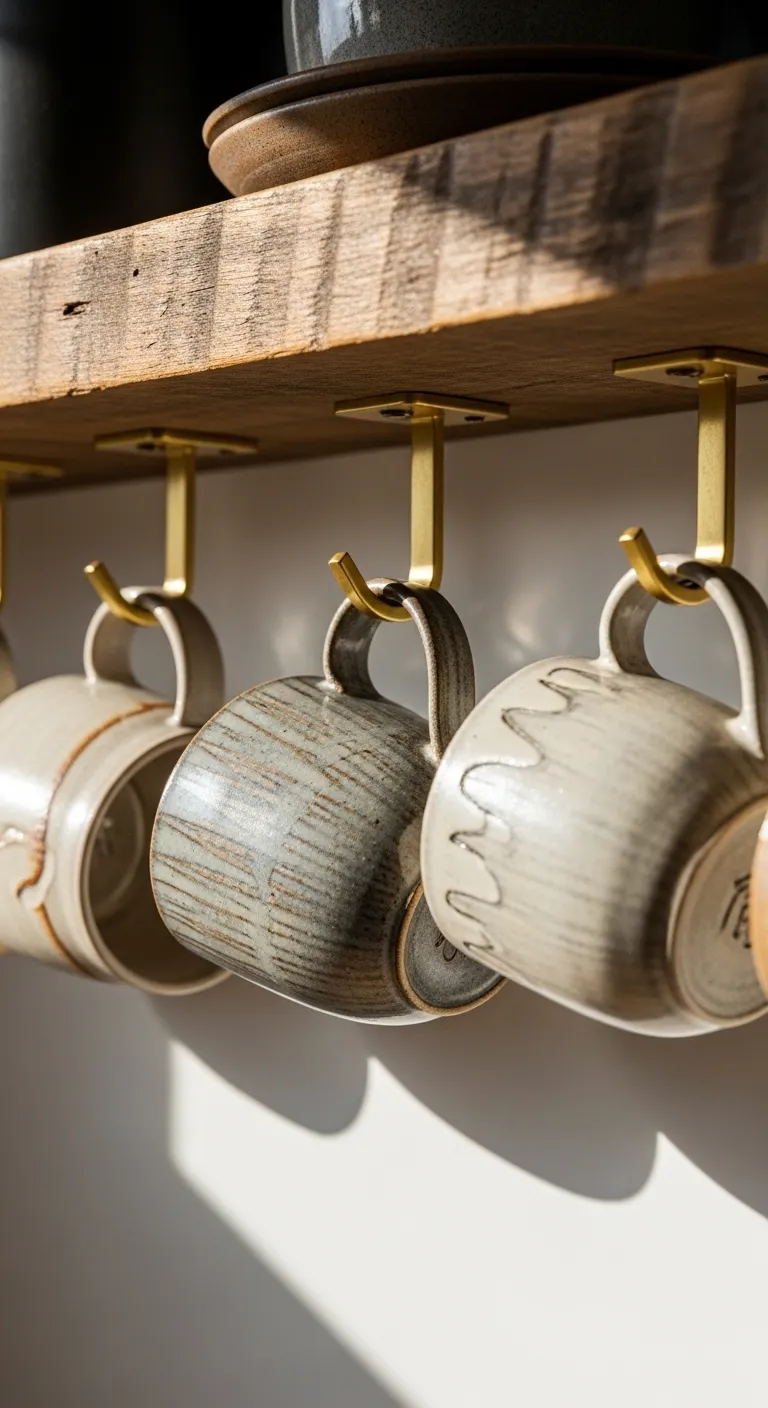 Brass hooks mounted under kitchen cabinet holding ceramic coffee mugs