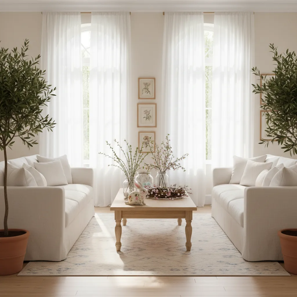 Sunlight streaming into a bright living room with spring decor