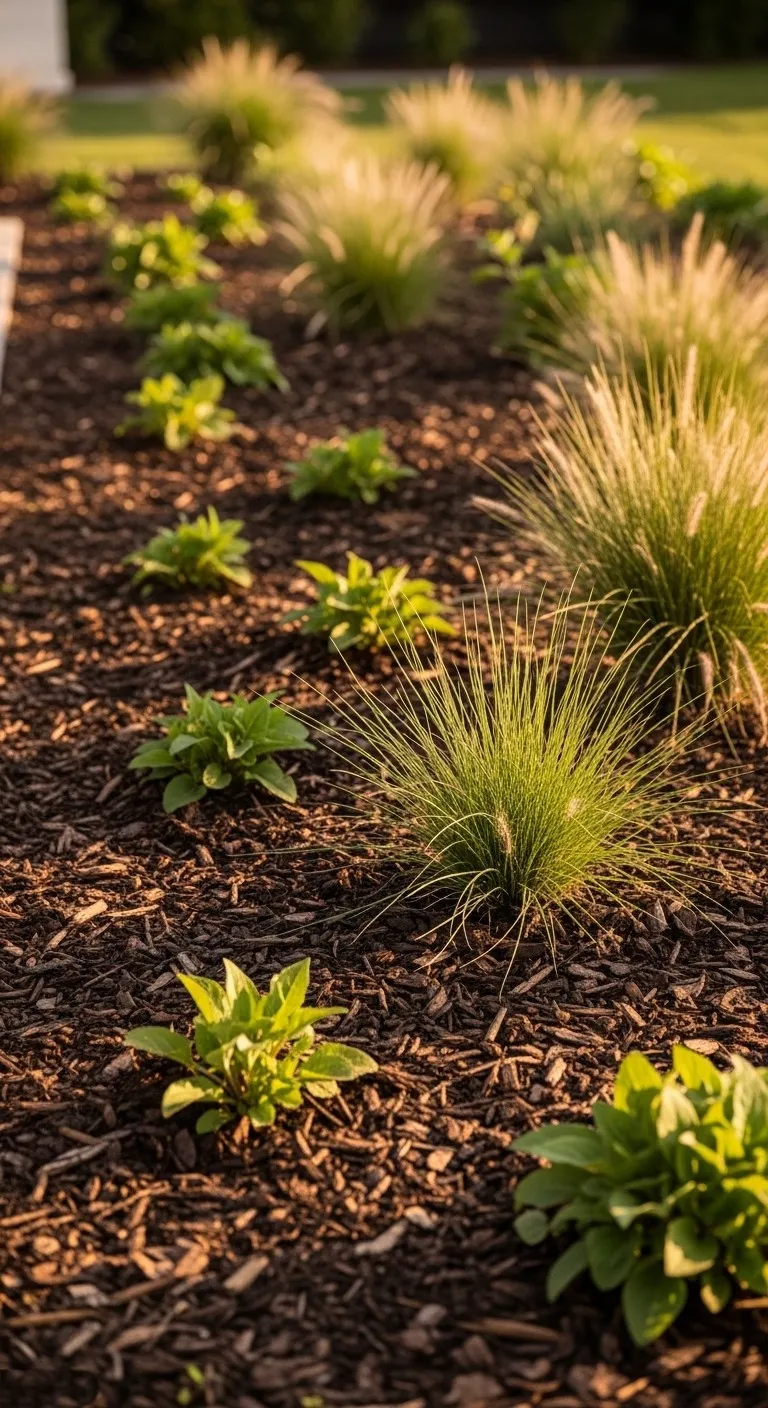 Budget Friendly Native Garden Bed Young perennial plants in a mulched garden bed
