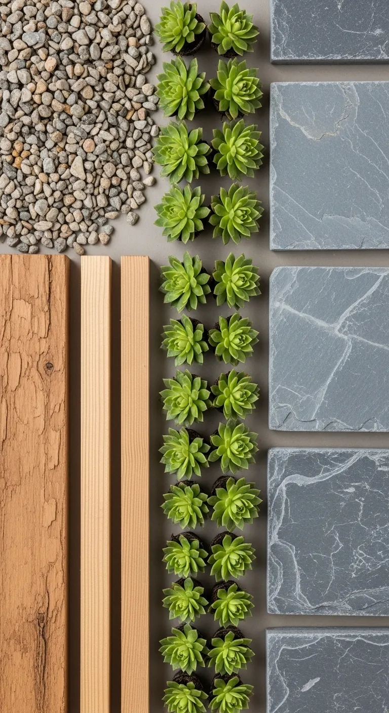 Budget Landscaping Material Flat Lay Flat lay of budget landscaping materials including gravel wood and plants