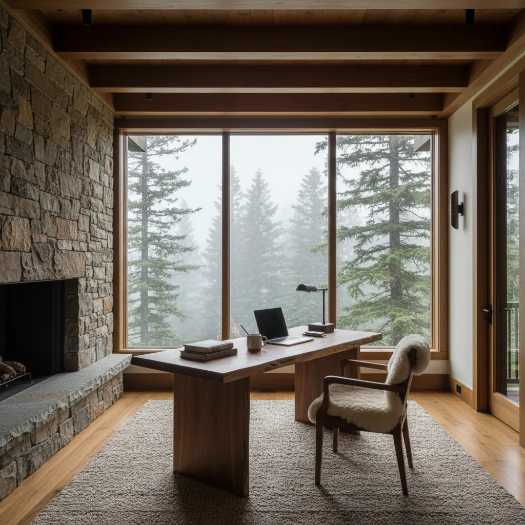 Interior of a modern rustic cabin workspace featuring a live edge desk, large windows with forest views, and exposed wood beams.