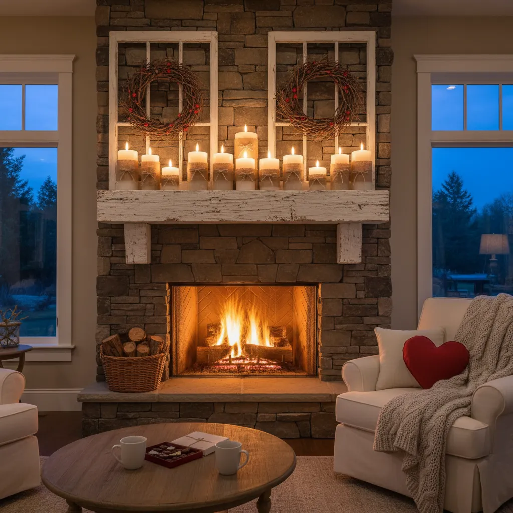 Warm ambient lighting from candles on a wood and burlap mantel