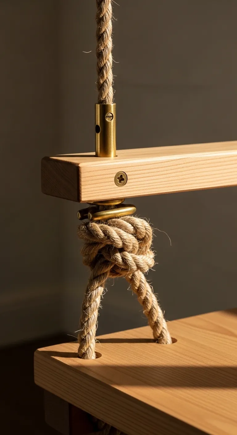 Close up of cedar wood texture and jute rope suspension
