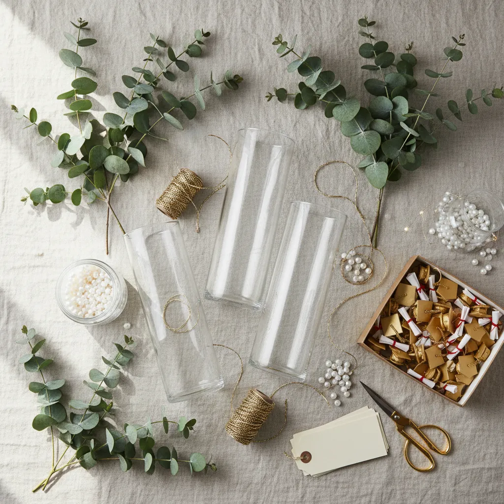 Materials for graduation centerpieces laid out for cost analysis