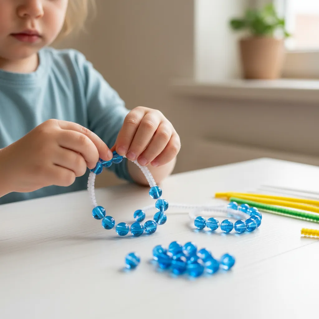 Close up of child's hands threading beads onto a pipe cleaner flower stem