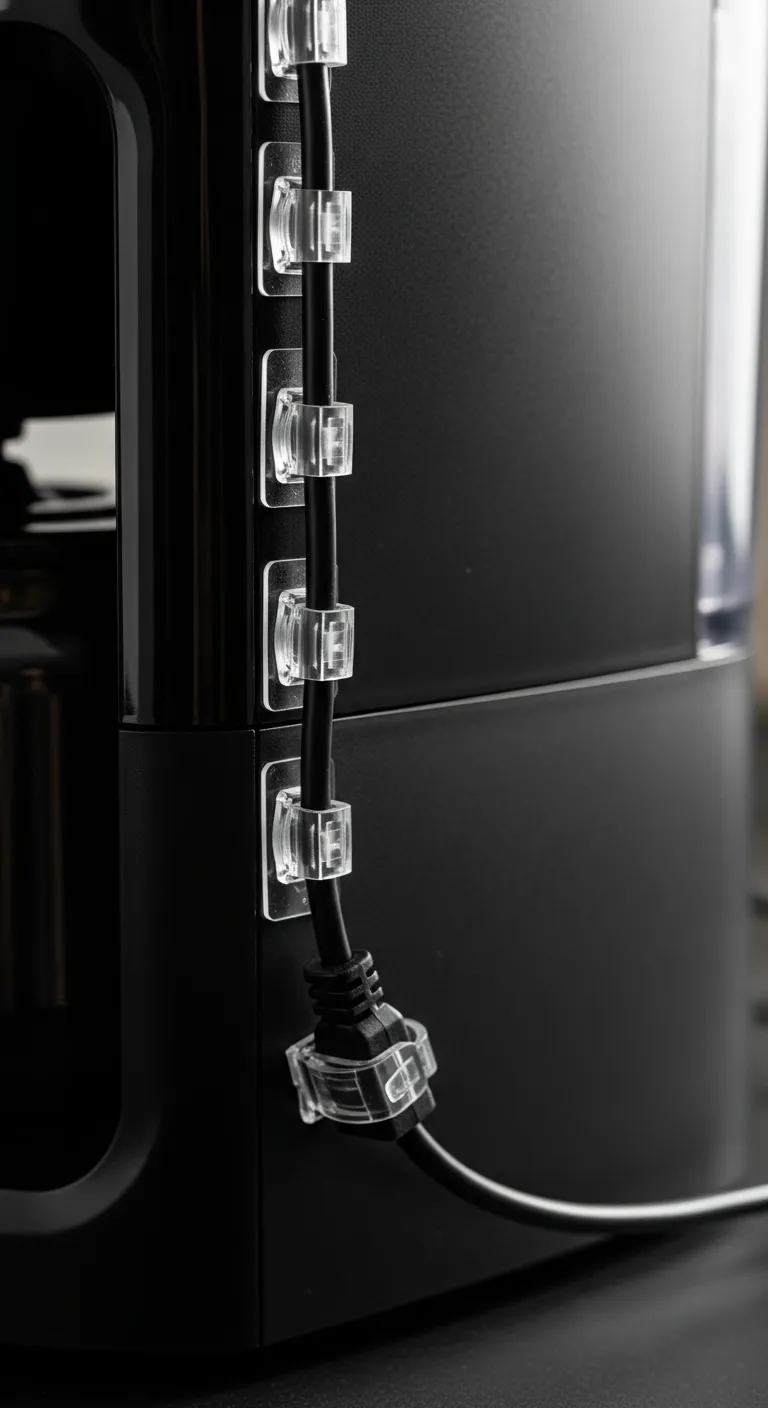 Clear adhesive cable clips organizing coffee maker cord
