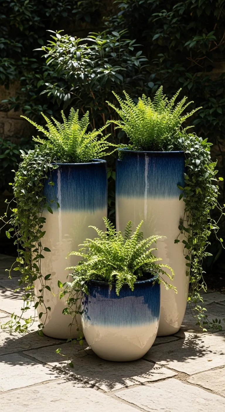 Three ceramic planters with ferns and vines arranged on a patio