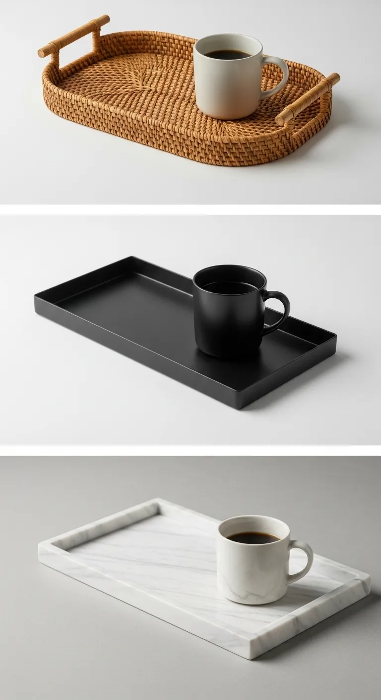 Comparison of rattan, metal, and marble trays for coffee station styling