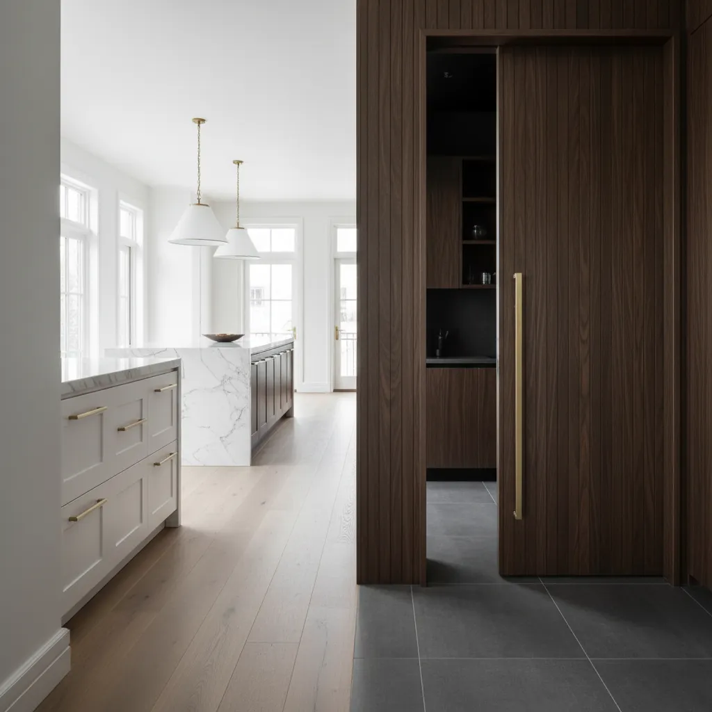 Seamless design transition between a bright main kitchen and a hidden scullery