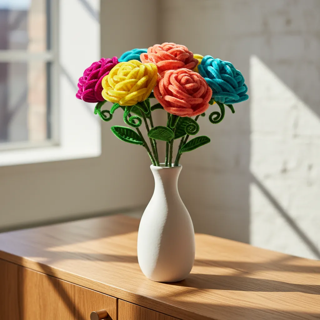 Vibrant coiled pipe cleaner roses in a white ceramic vase on a wooden sideboard.