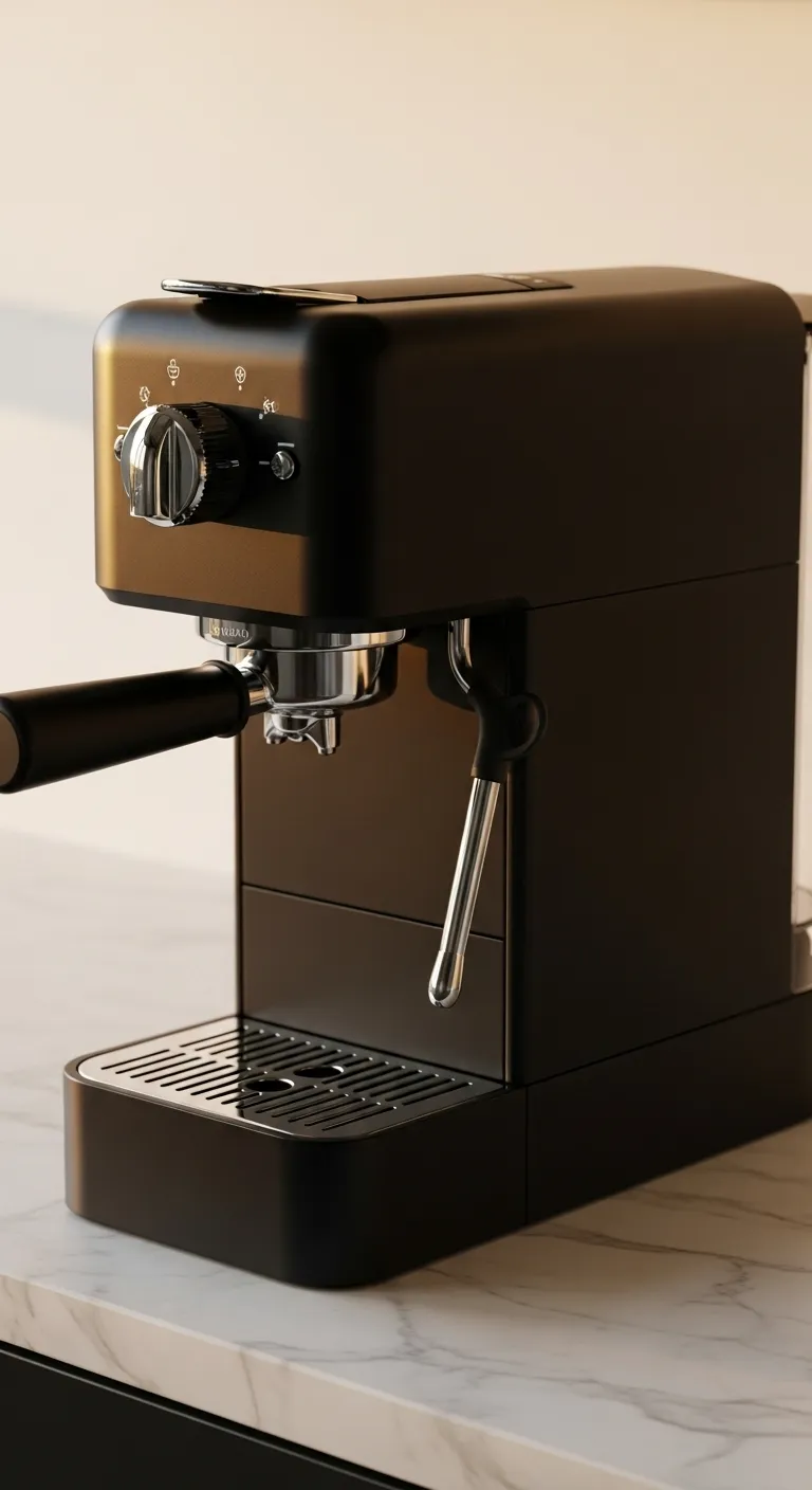 Slim matte black espresso machine on a small marble kitchen counter with warm lighting