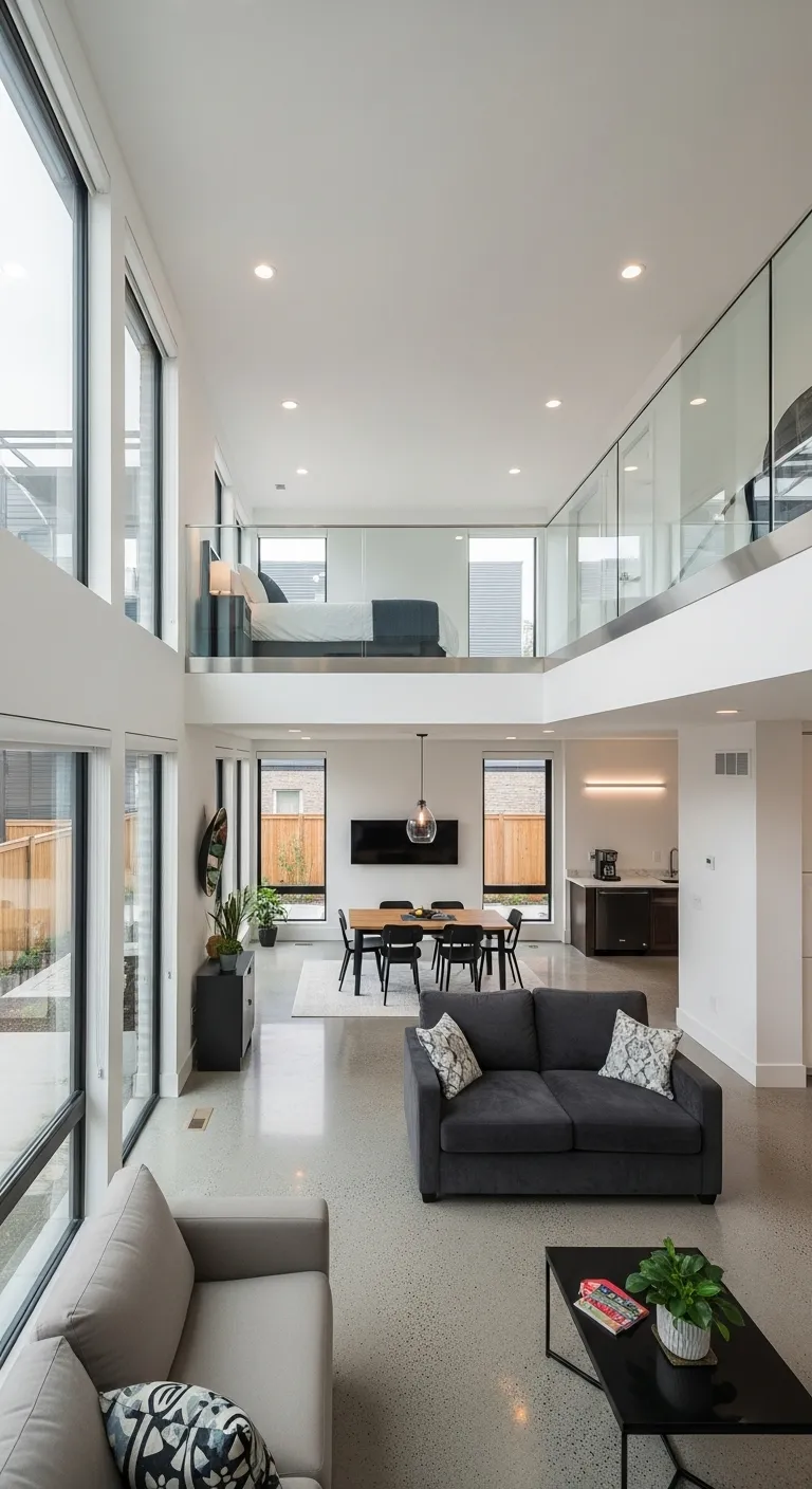 Modern urban cube floor plan with lofted bedroom and high ceilings