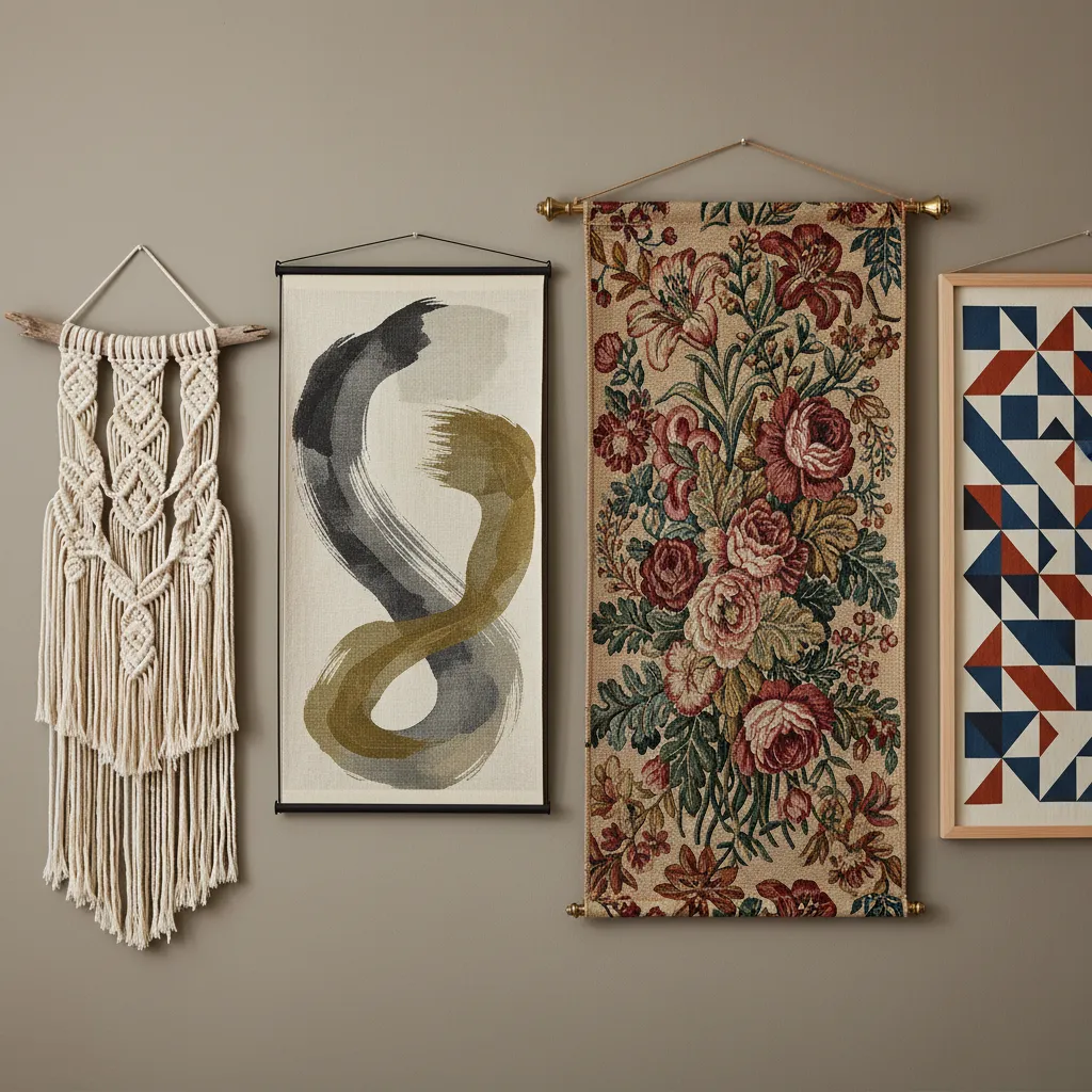 A wall displaying four types of decorative tapestries: bohemian, minimalist, traditional, and modern.