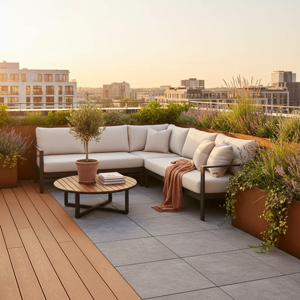 Warm amber composite decking used for a rooftop lounge area