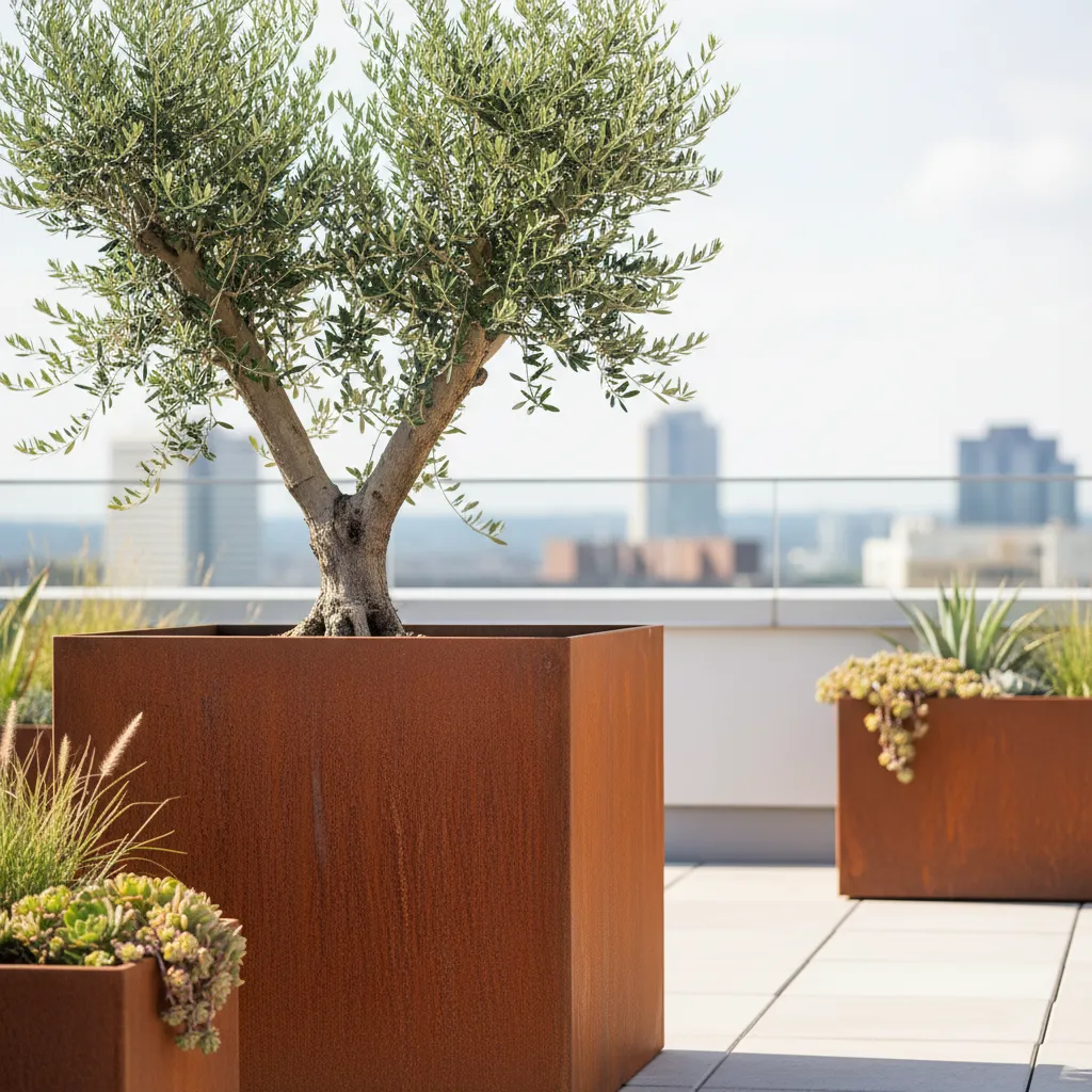 Corten steel planter box with olive tree on rooftop