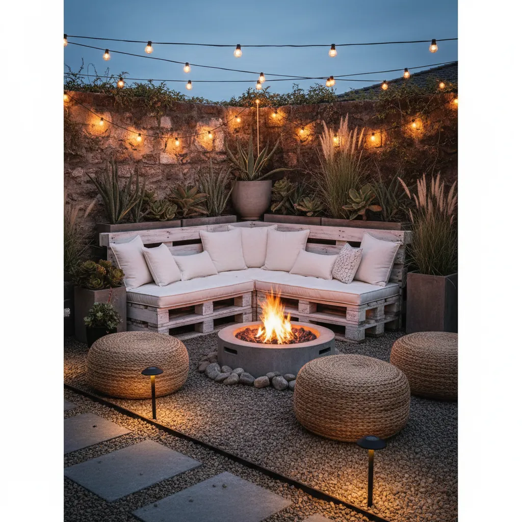 Cozy DIY Outdoor Seating Area DIY outdoor bench with string lights and fire pit