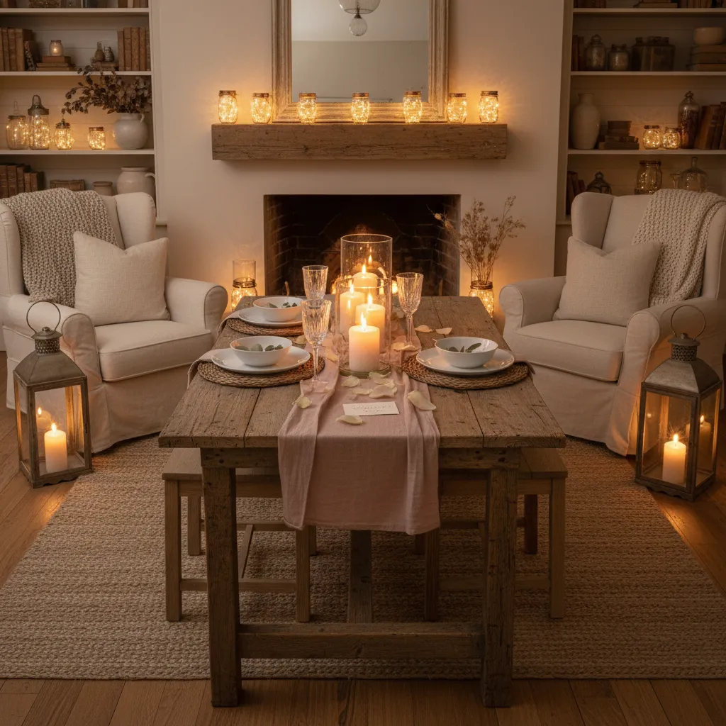 Rustic floor lanterns and mason jars with fairy lights illuminating a cozy farmhouse living room set for a romantic Valentine's dinner for two.