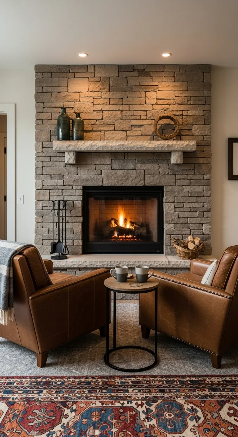 Two leather armchairs placed in front of a stone fireplace in a cabin