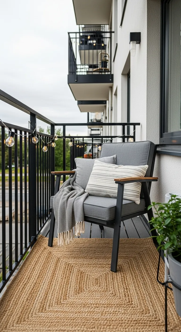 Small balcony decorated with weather-proof textiles, layered rugs, and warm solar string lights