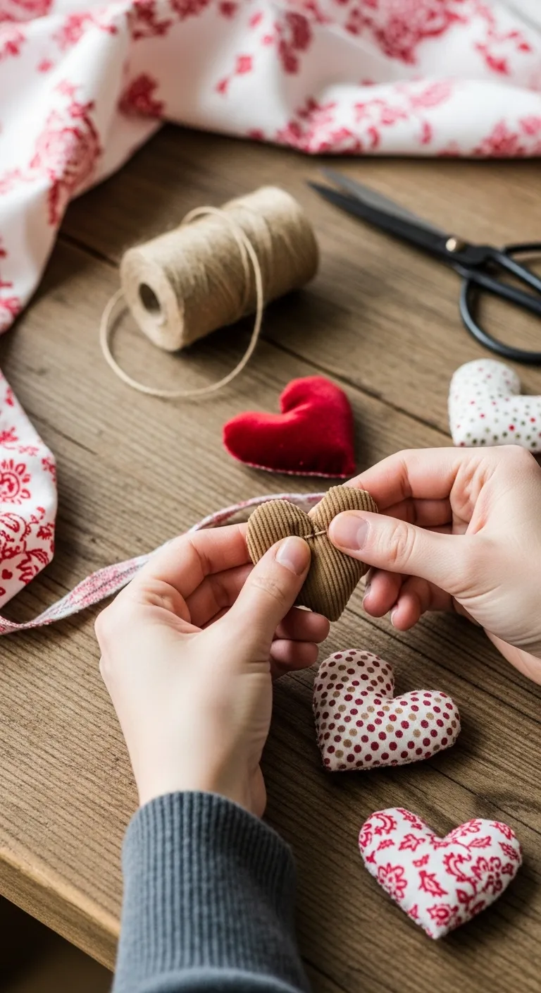 Close-up of hands crafting a DIY heart garland from colorful fabric scraps and twine.
