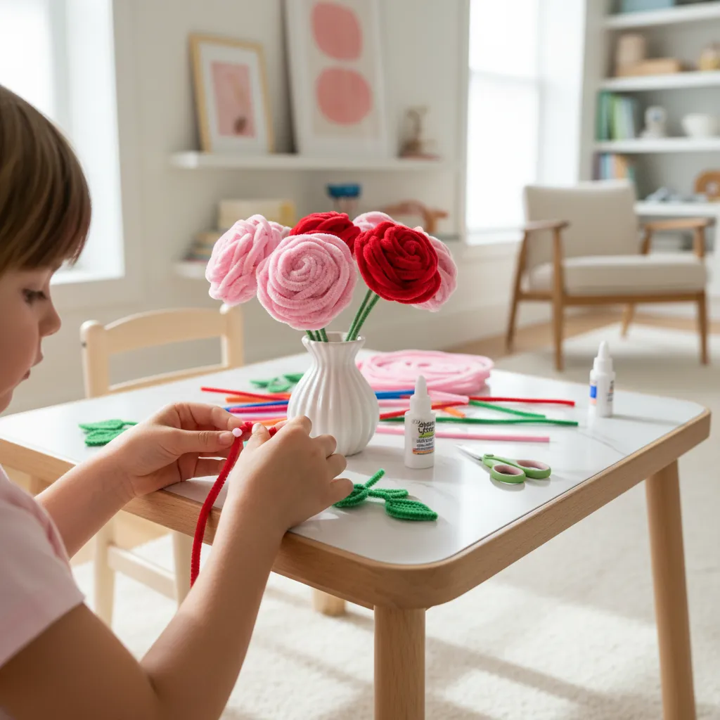 Close up of hands coiling pink pipe cleaners to create a rose.