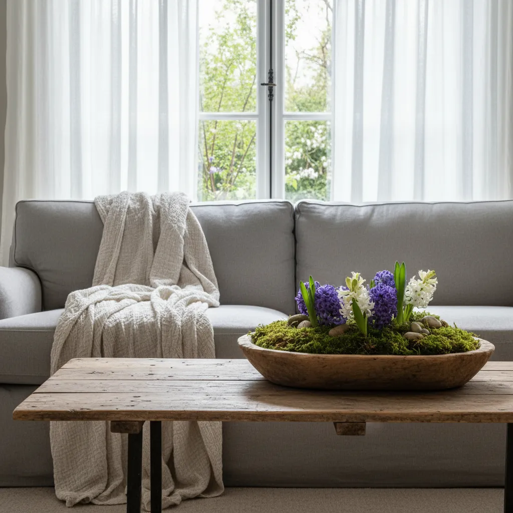 Bright living room styled with spring DIY decor ideas including botanical centerpieces and linen textiles.