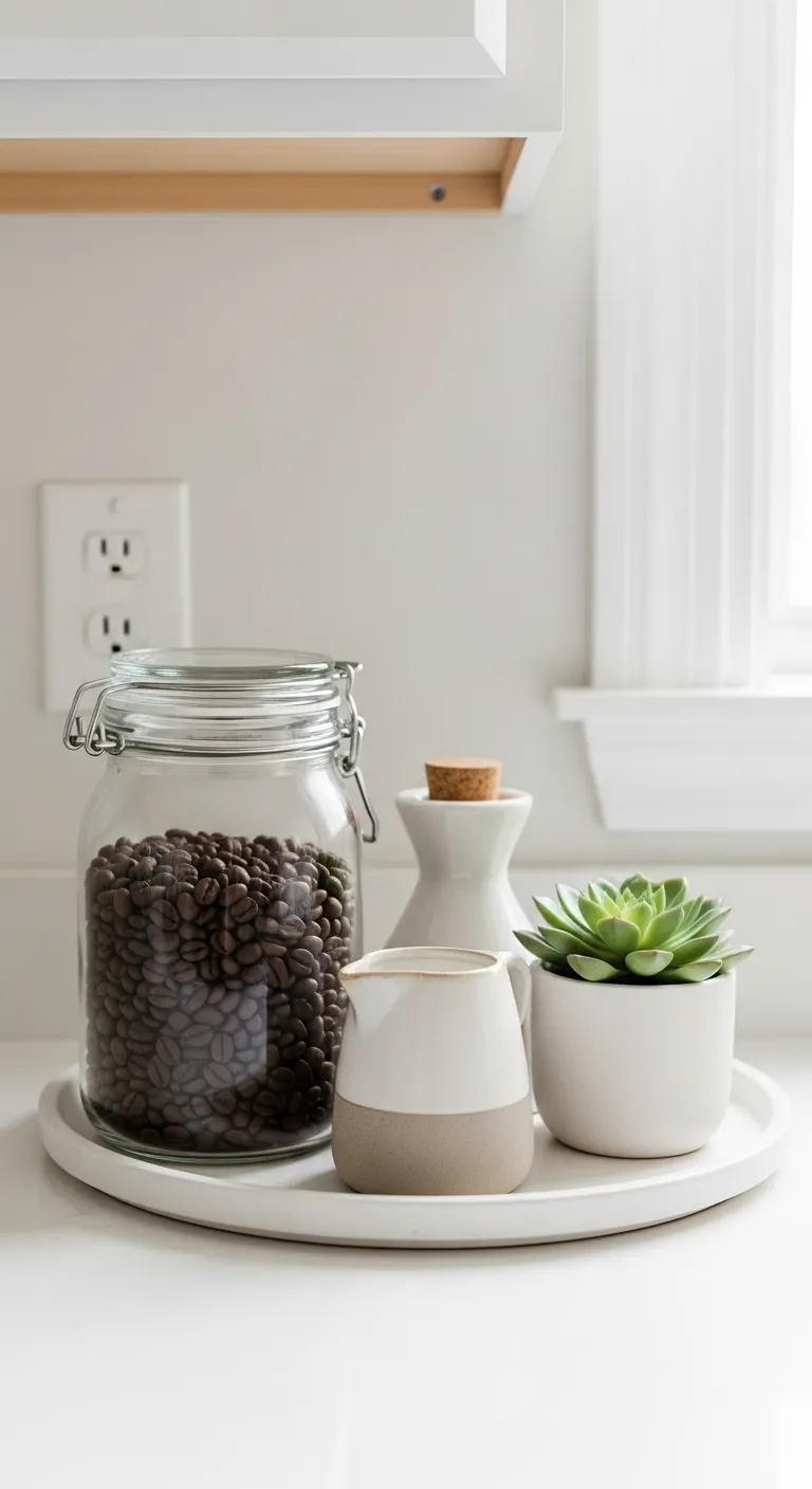 Styled coffee tray with beans, creamer, and a succulent plant