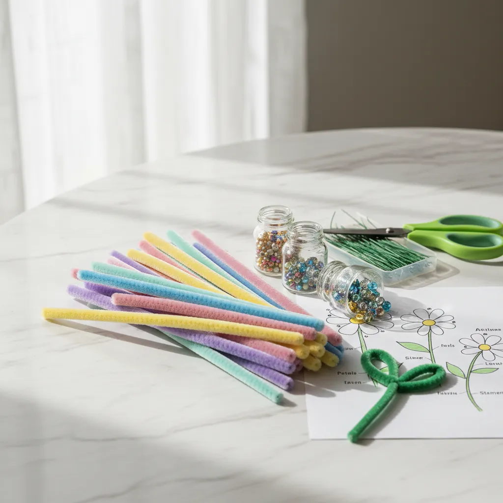 Close-up of pipe cleaners and beads on a marble surface