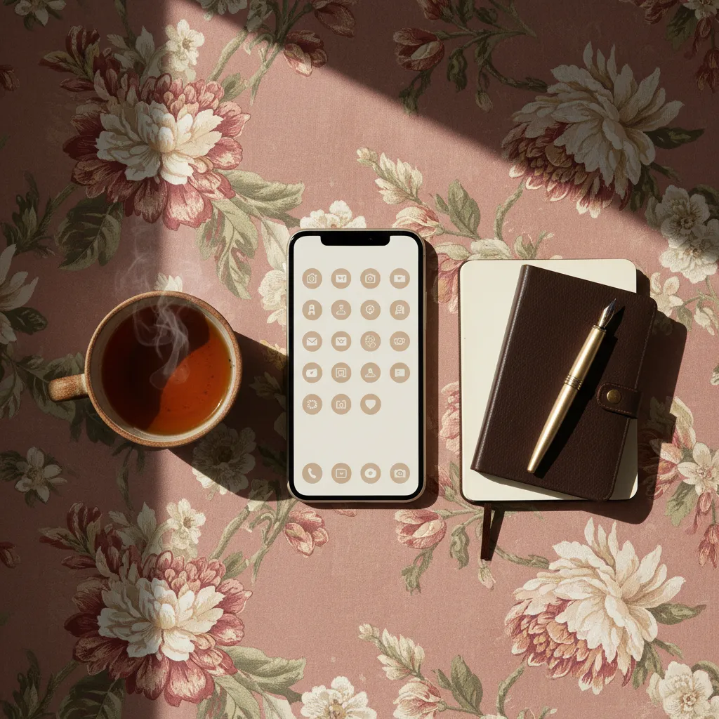 Phone screen showing minimalist beige app icons on a floral vintage background