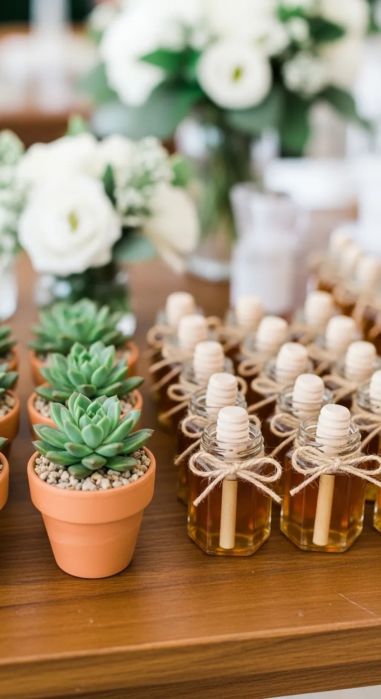 Rustic wooden table displaying cute wedding ideas for guests party favors including mini succulents in terracotta pots and small honey jars with wooden dippers