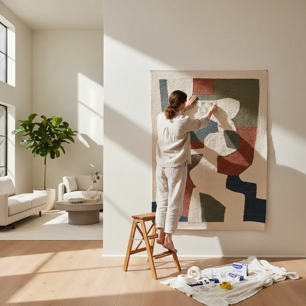 A person hanging a large, decorative tapestry on a wall using a safe, damage-free technique in a stylish living room.