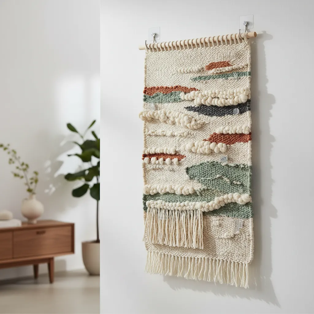 A close-up of a bohemian style woven tapestry secured to a wall with damage-free adhesive hooks.