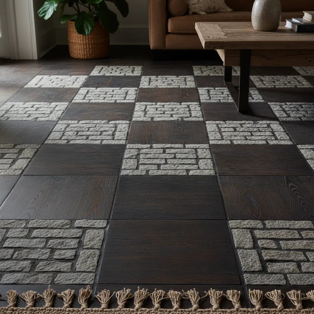 Dark Oak and Stone Texture Contrast Close up of dark wood and grey stone floor textures.