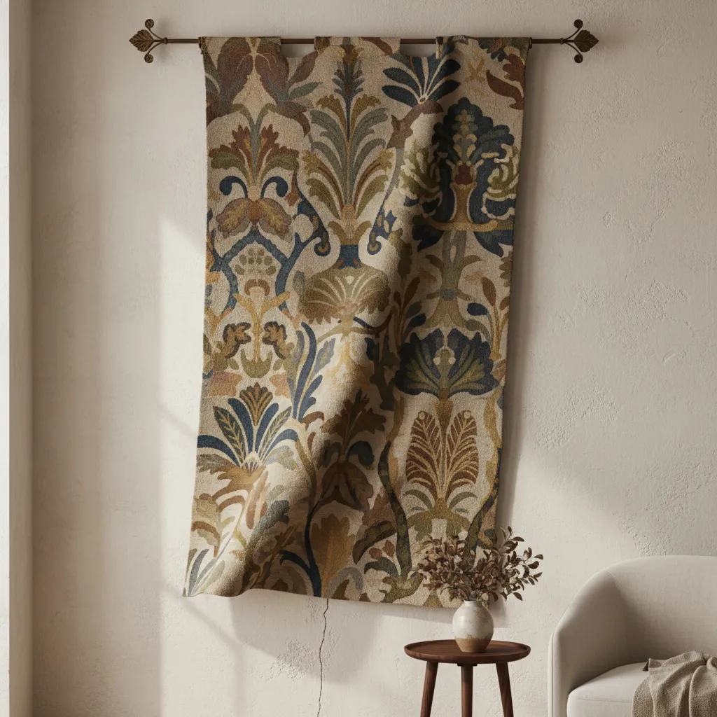 A large, elegant tapestry strategically placed on a wall to conceal minor cracks or imperfections.