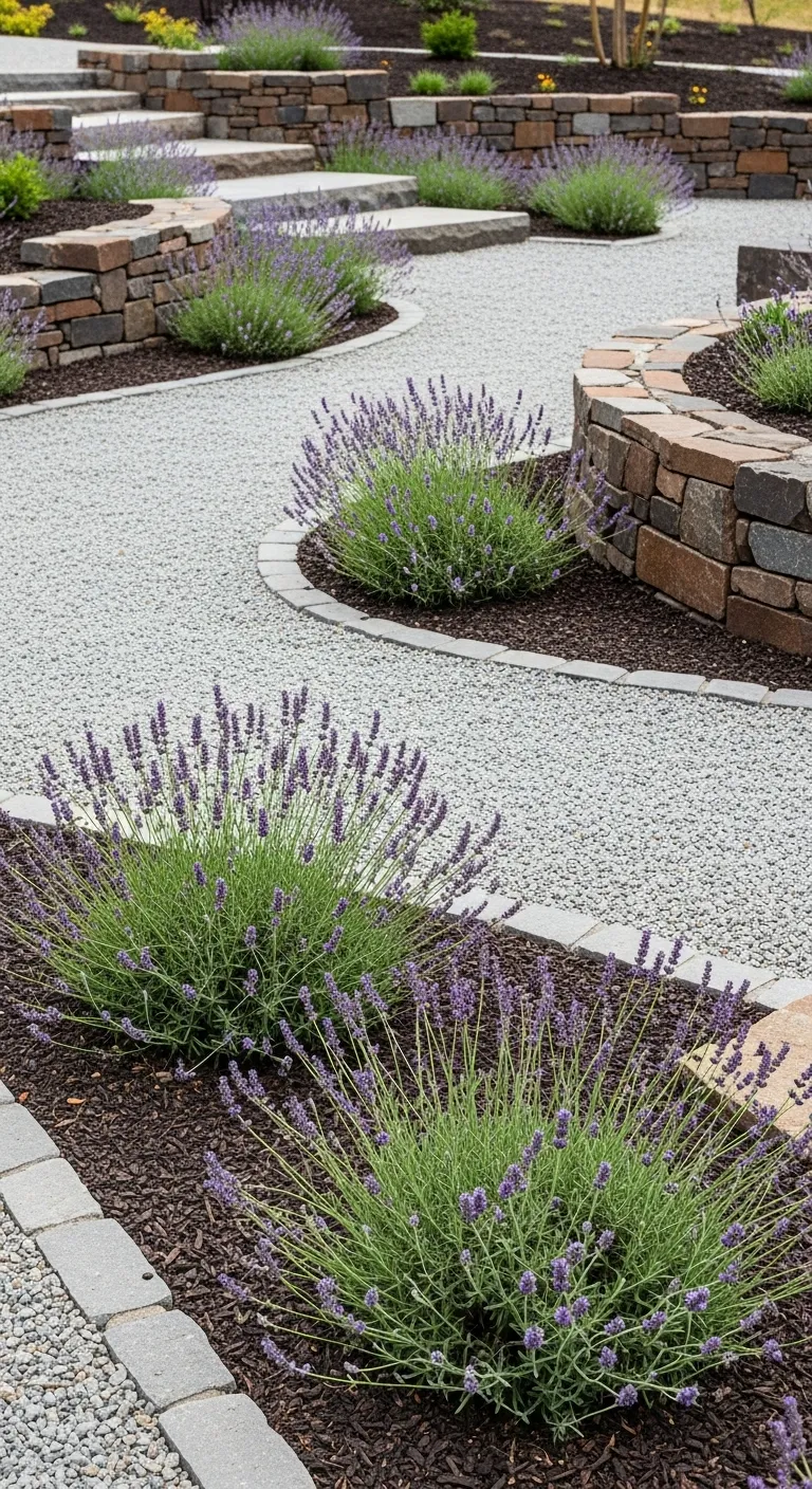 Professional landscaping showing gravel paths and fire-resistant plants near a mountain house