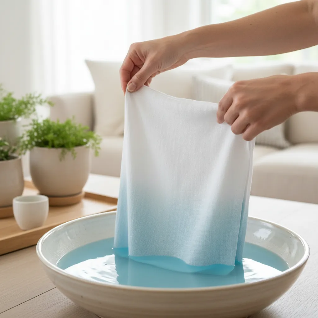 Hands dipping linen fabric into a dye bath